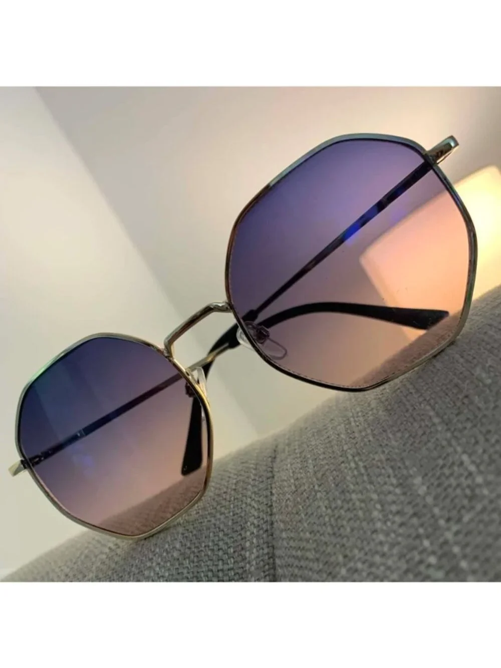 Unisex Octagonal Gold Metal Frame Gradient Blue to Pink Lens Sunglasses